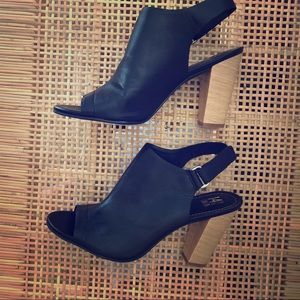 Black peep toe wooden heels